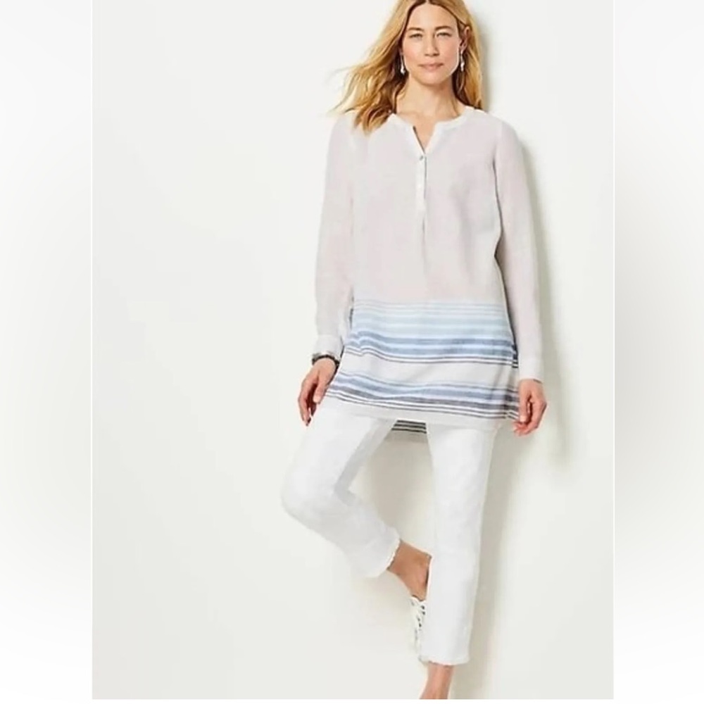 J Jill Linen-Blend Back-Pintucks Tunic
Size M Petite White/Blue Stripe‎